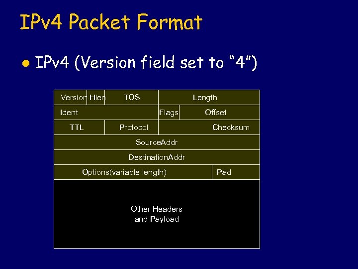 IPv 4 Packet Format l IPv 4 (Version field set to “ 4”) Version