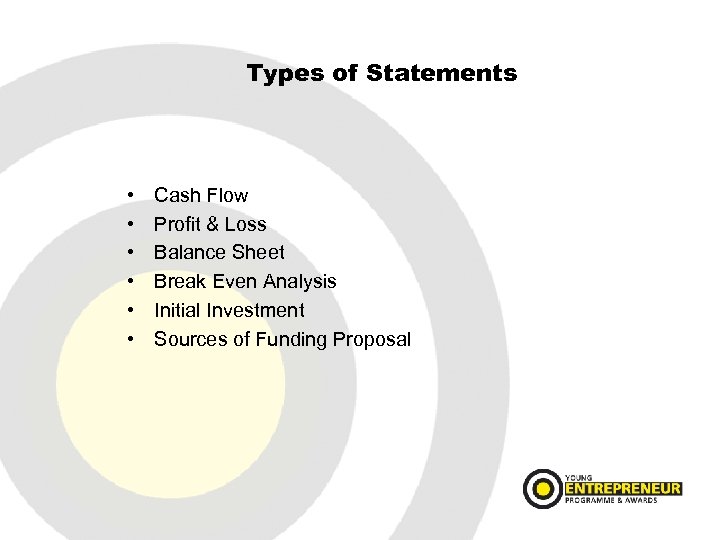 Types of Statements • • • Cash Flow Profit & Loss Balance Sheet Break