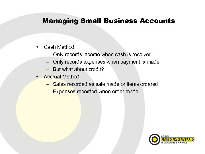 Managing Small Business Accounts • • Cash Method – Only records income when cash