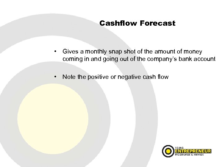Cashflow Forecast • Gives a monthly snap shot of the amount of money coming
