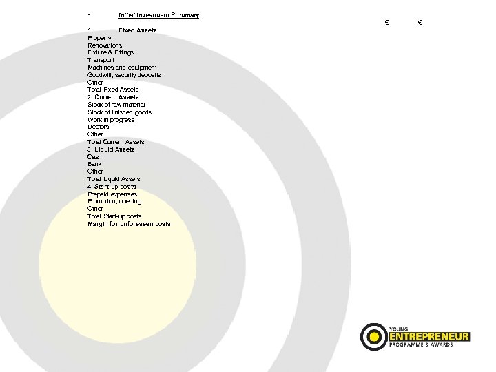  • Initial Investment Summary 1. Fixed Assets € Property Renovations Fixture & Fittings
