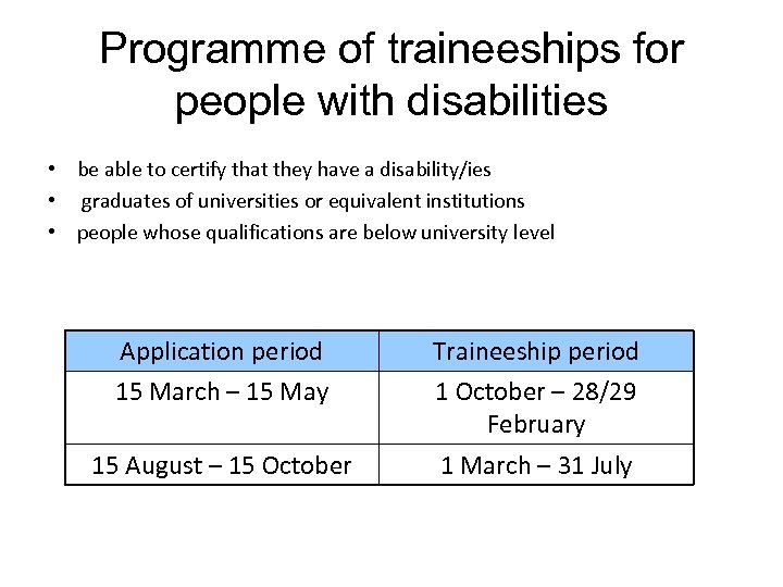 Programme of traineeships for people with disabilities • be able to certify that they