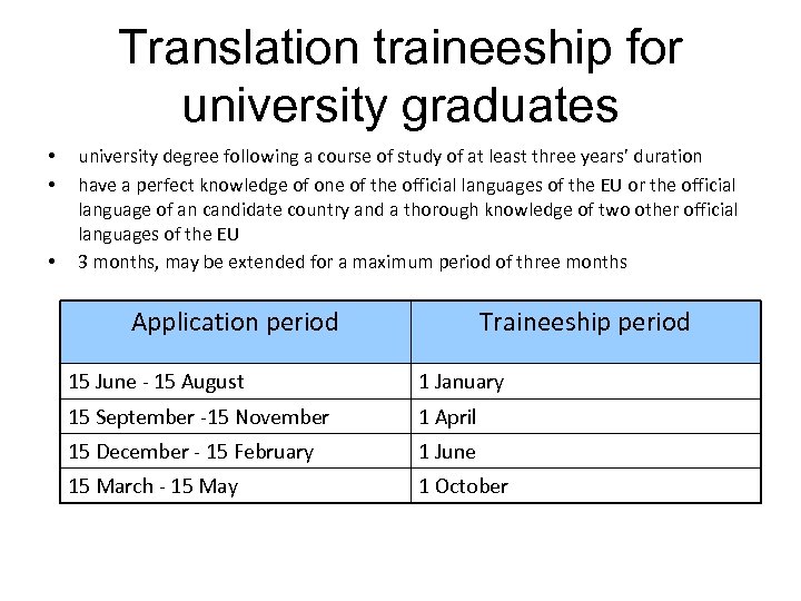 Translation traineeship for university graduates • • • university degree following a course of