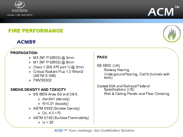 FIRE PERFORMANCE ACM 89 PROPAGATION: » M 2 (NF P 92503) @ 3 mm