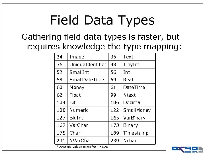 Field Data Types Gathering field data types is faster, but requires knowledge the type