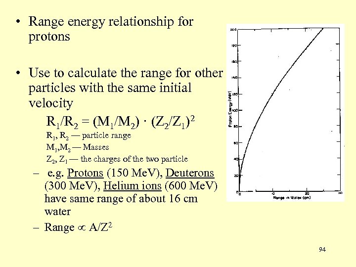  • Range energy relationship for protons • Use to calculate the range for