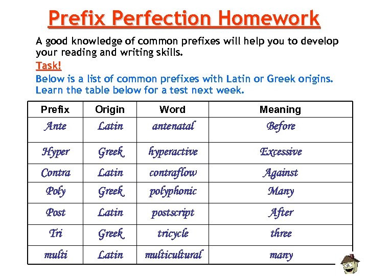 Prefix Perfection Homework A good knowledge of common prefixes will help you to develop