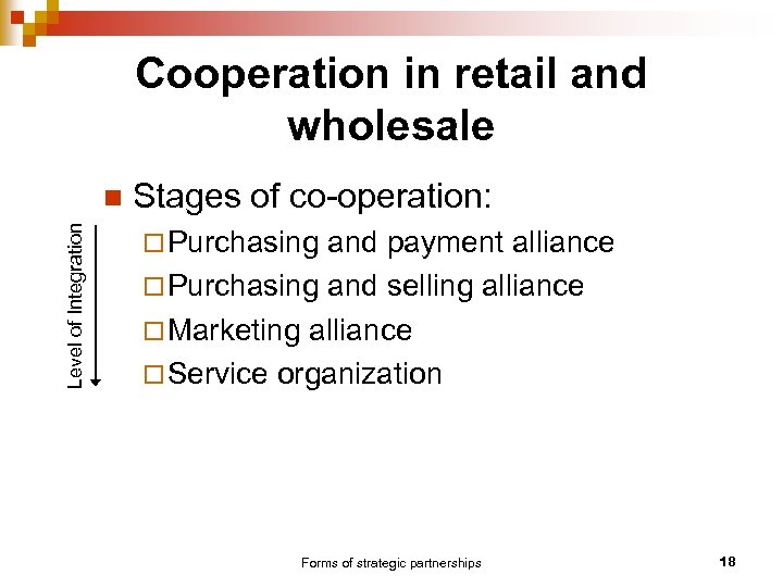 Cooperation in retail and wholesale Level of Integration n Stages of co-operation: ¨ Purchasing