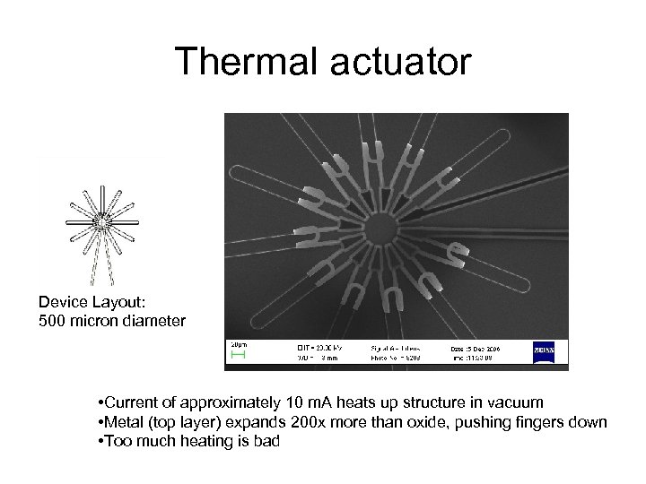Thermal actuator Device Layout: 500 micron diameter • Current of approximately 10 m. A