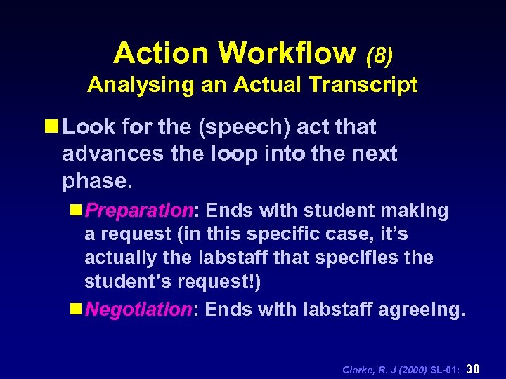 Action Workflow (8) Analysing an Actual Transcript n Look for the (speech) act that