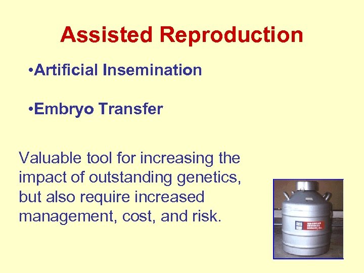 Assisted Reproduction • Artificial Insemination • Embryo Transfer Valuable tool for increasing the impact