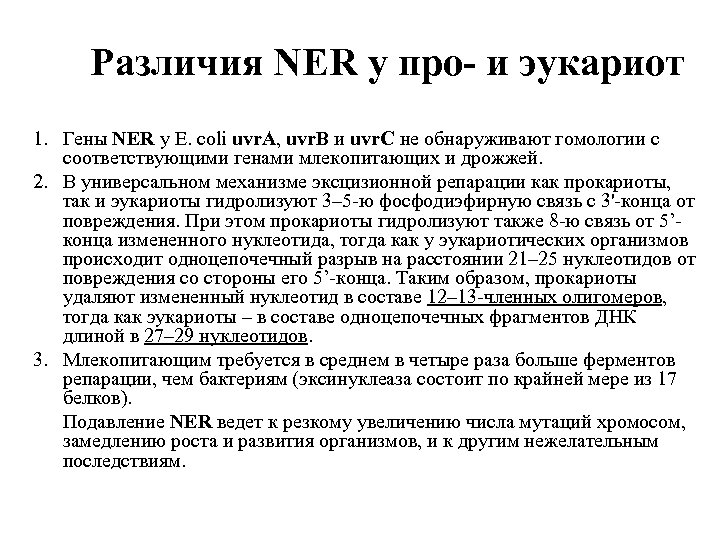 Различия NER у про- и эукариот 1. Гены NER у E. coli uvr. A,
