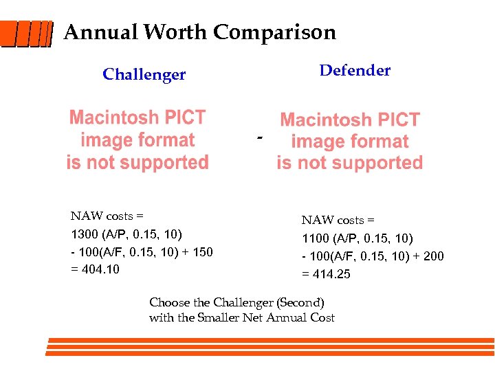 Annual Worth Comparison Defender Challenger - NAW costs = 1300 (A/P, 0. 15, 10)