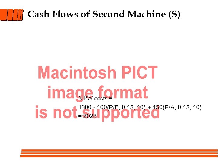 Cash Flows of Second Machine (S) NPW costs = 1300 - 100(P/F, 0. 15,