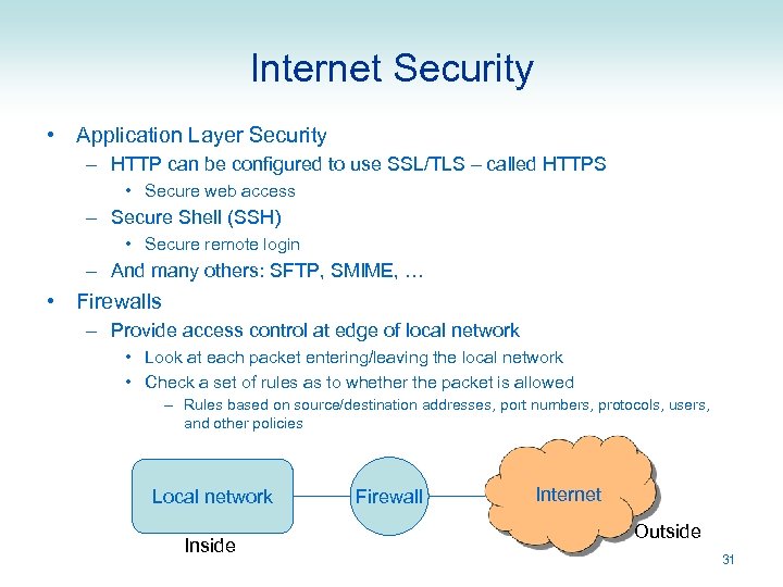 Internet Security • Application Layer Security – HTTP can be configured to use SSL/TLS