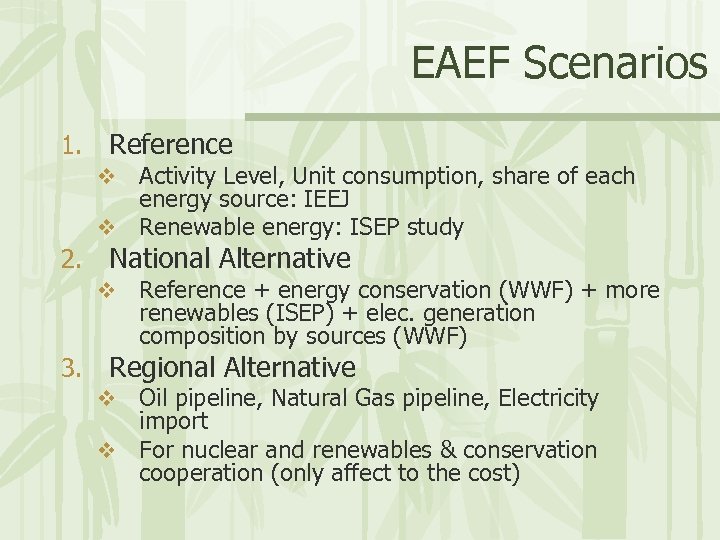 EAEF Scenarios 1. Reference Activity Level, Unit consumption, share of each energy source: IEEJ