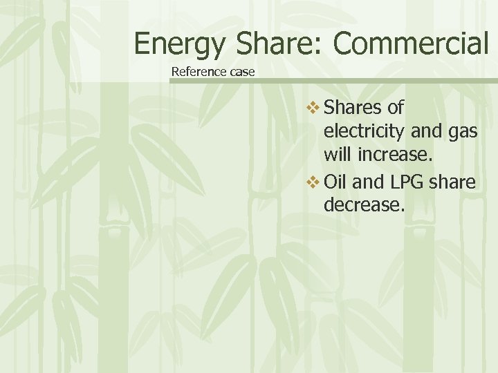 Energy Share: Commercial Reference case v Shares of electricity and gas will increase. v