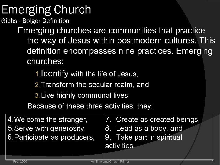 Emerging Church Gibbs - Bolger Definition Emerging churches are communities that practice the way