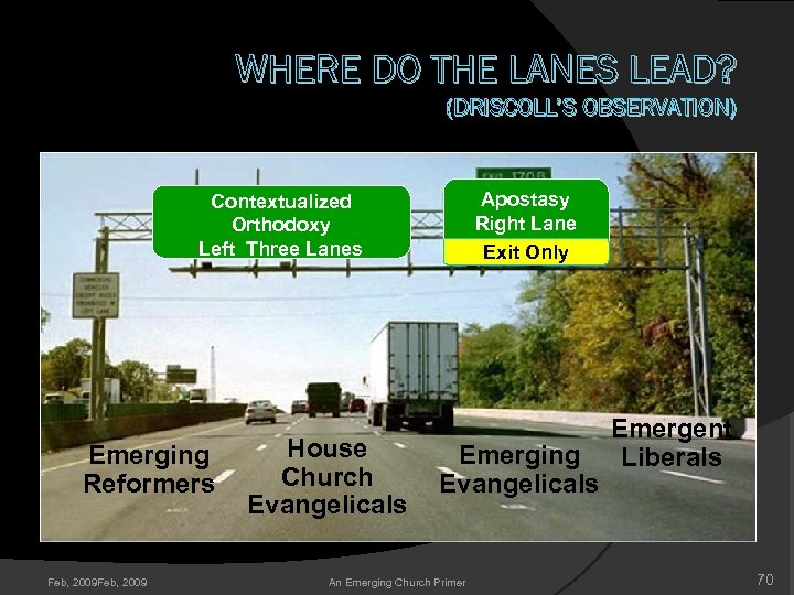 WHERE DO THE LANES LEAD? (DRISCOLL’S OBSERVATION) Apostasy Right Lane Exit Only Contextualized Orthodoxy