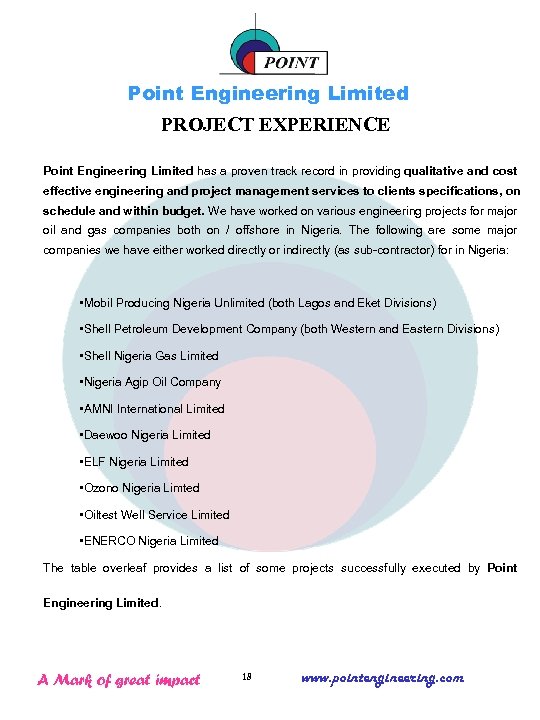 Point Engineering Limited PROJECT EXPERIENCE Point Engineering Limited has a proven track record in