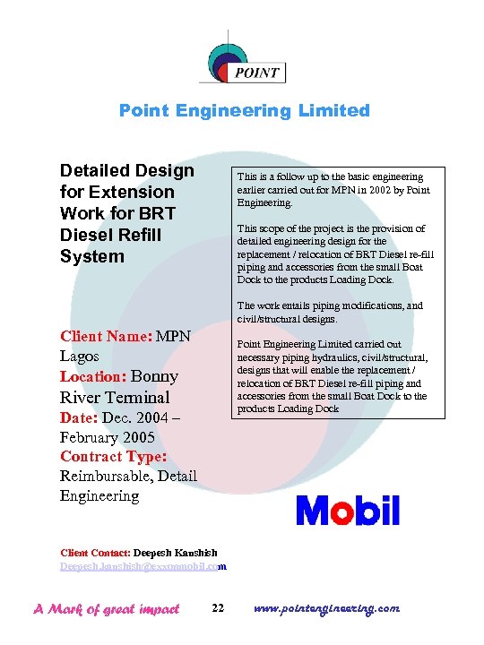 Point Engineering Limited Detailed Design for Extension Work for BRT Diesel Refill System This