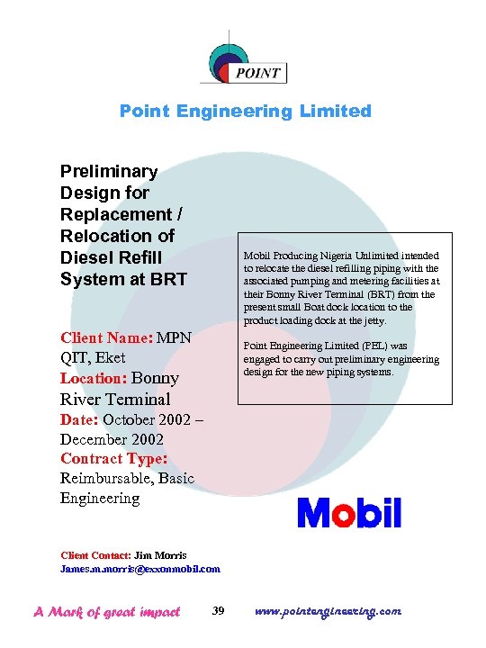 Point Engineering Limited Preliminary Design for Replacement / Relocation of Diesel Refill System at