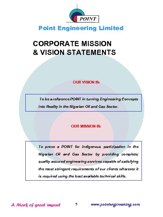 Point Engineering Limited CORPORATE MISSION & VISION STATEMENTS OUR VISION IS: To be a