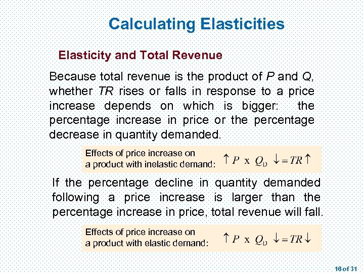 Calculating Elasticities Elasticity and Total Revenue Because total revenue is the product of P