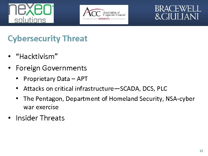 Cybersecurity Threat • “Hacktivism” • Foreign Governments • Proprietary Data – APT • Attacks