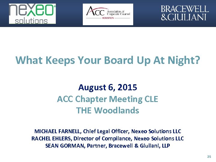 What Keeps Your Board Up At Night? August 6, 2015 ACC Chapter Meeting CLE