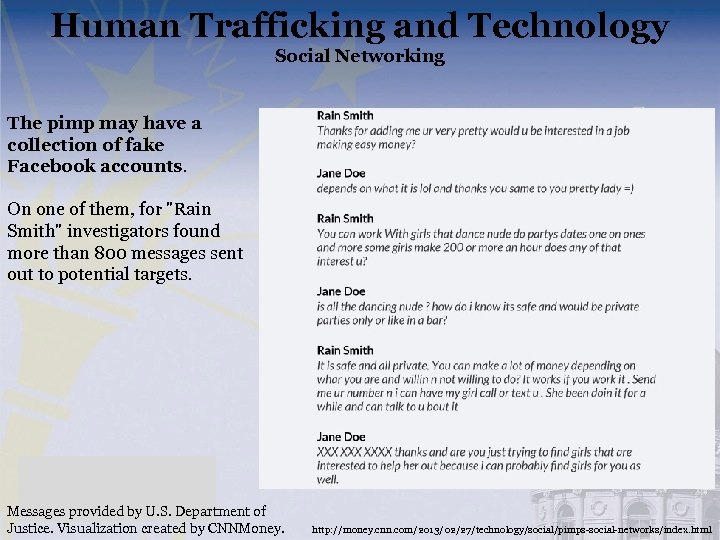 Human Trafficking and Technology Social Networking The pimp may have a collection of fake