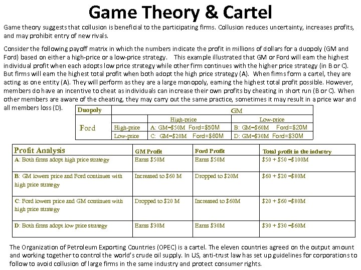 Game Theory & Cartel Game theory suggests that collusion is beneficial to the participating