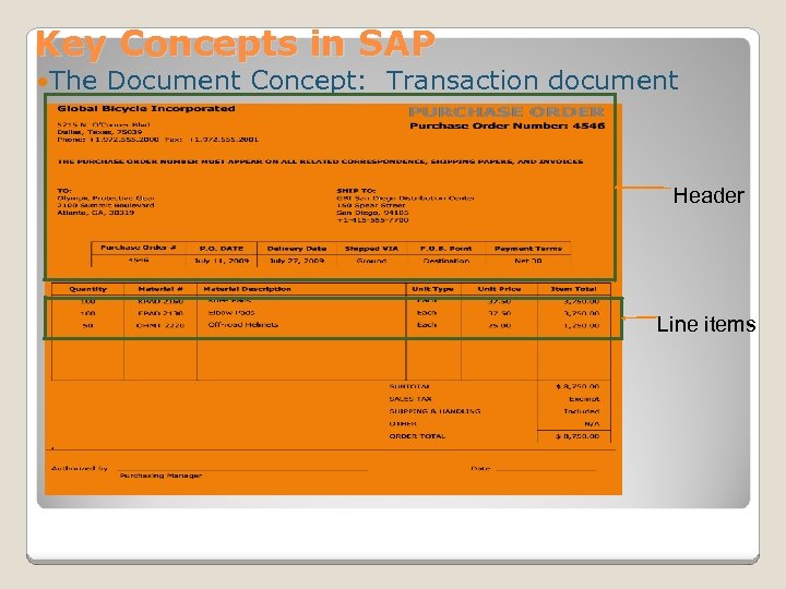 Key Concepts in SAP The Document Concept: Transaction document Header Line items 