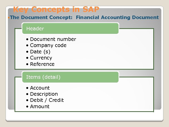 Key Concepts in SAP The Document Concept: Financial Accounting Document Header • Document number