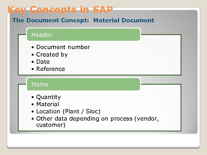 Key Concepts in SAP The Document Concept: Material Document Header • • Document number