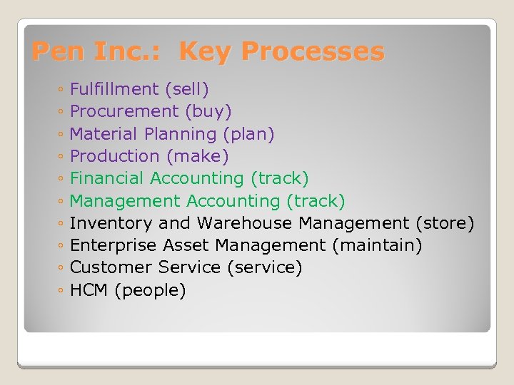 Pen Inc. : Key Processes ◦ Fulfillment (sell) ◦ Procurement (buy) ◦ Material Planning