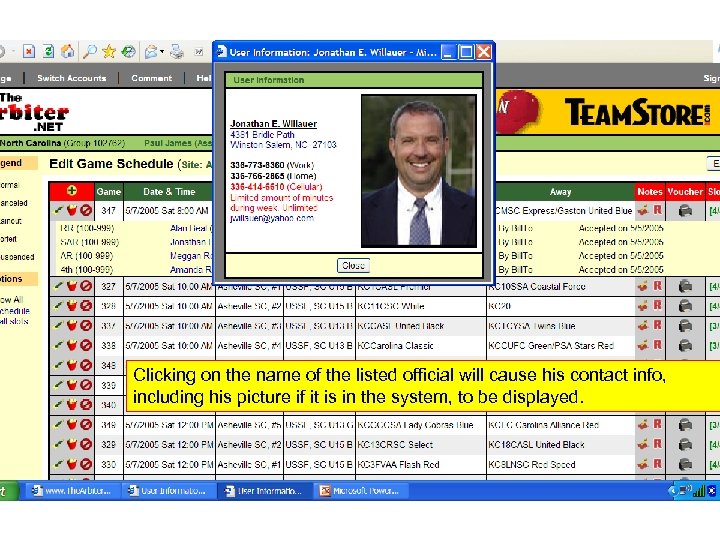 Clicking on the name of the listed official will cause his contact info, including