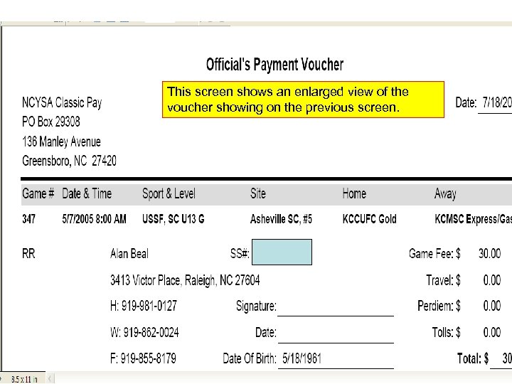 This screen shows an enlarged view of the voucher showing on the previous screen.