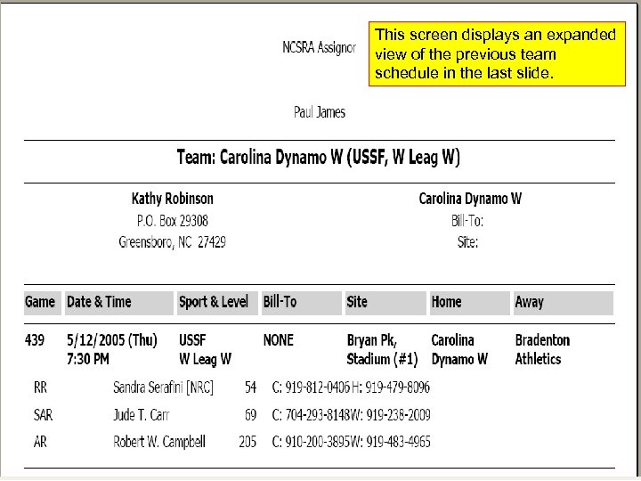 This screen displays an expanded view of the previous team schedule in the last