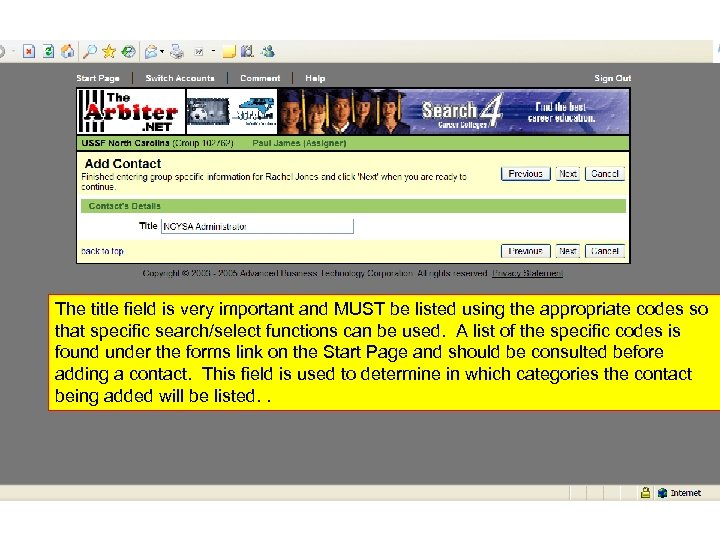 The title field is very important and MUST be listed using the appropriate codes