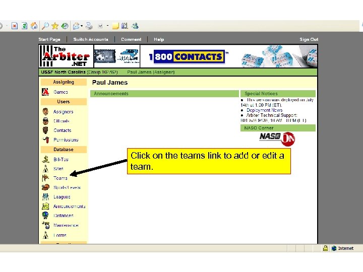 Click on the teams link to add or edit a team. 