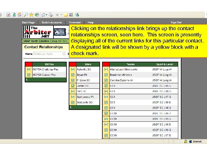 Clicking on the relationships link brings up the contact relationships screen, seen here. This