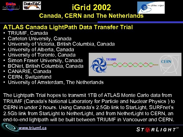 i. Grid 2002 Canada, CERN and The Netherlands ATLAS Canada Light. Path Data Transfer