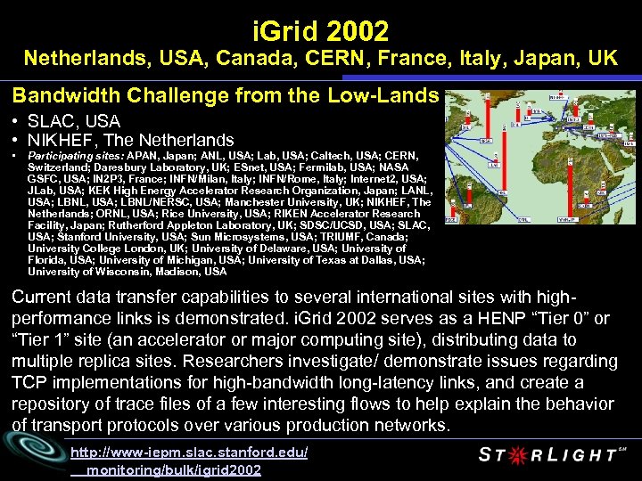 i. Grid 2002 Netherlands, USA, Canada, CERN, France, Italy, Japan, UK Bandwidth Challenge from