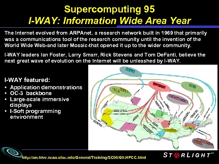 Supercomputing 95 I-WAY: Information Wide Area Year The Internet evolved from ARPAnet, a research