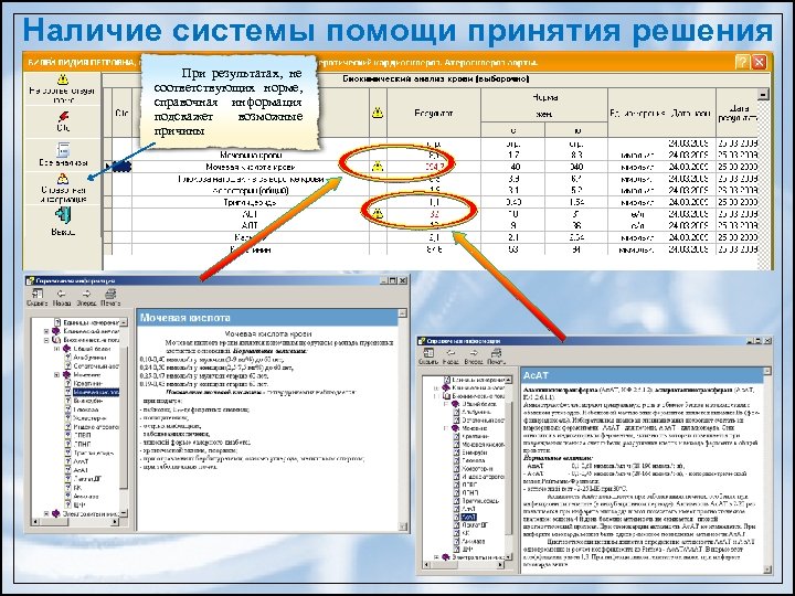 Наличие системы помощи принятия решения При результатах, не соответствующих норме, справочная информация подскажет возможные