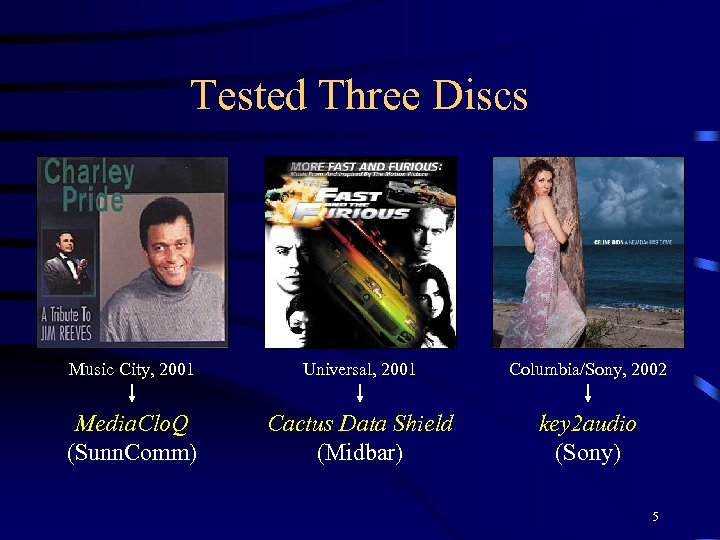 Tested Three Discs Music City, 2001 Universal, 2001 Columbia/Sony, 2002 Media. Clo. Q (Sunn.