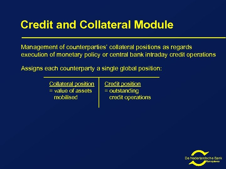 Credit and Collateral Module Management of counterparties’ collateral positions as regards execution of monetary