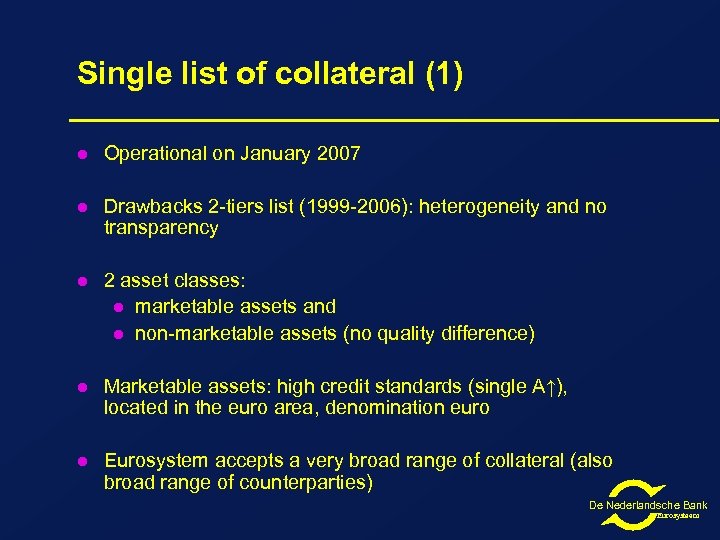 Single list of collateral (1) l Operational on January 2007 l Drawbacks 2 -tiers