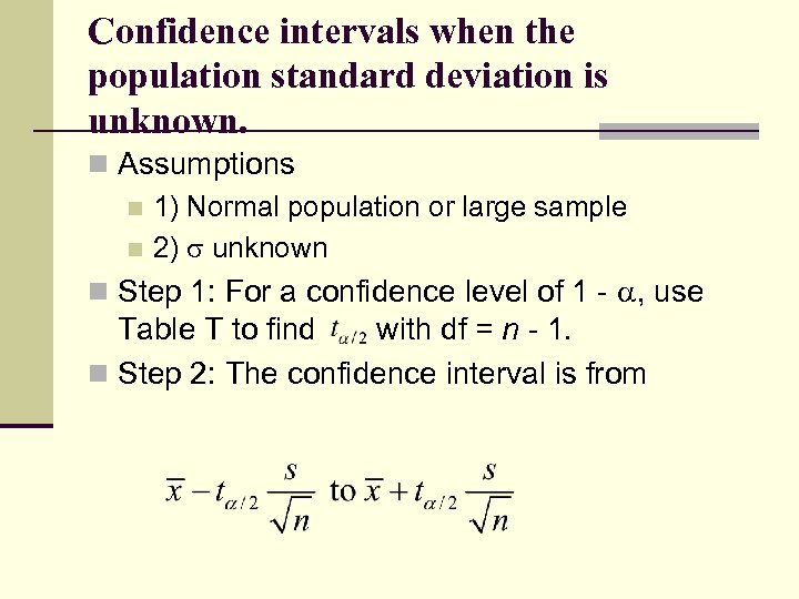 Confidence intervals when the population standard deviation is unknown. n Assumptions n 1) Normal